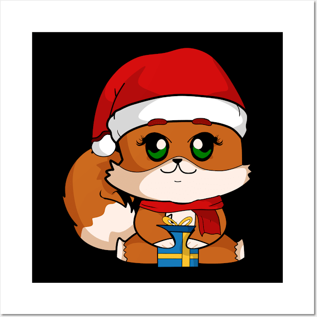 Cute Fox Christmas Holiday Shirt with Santa hat and present for animal lovers Wall Art by TheBeardComic